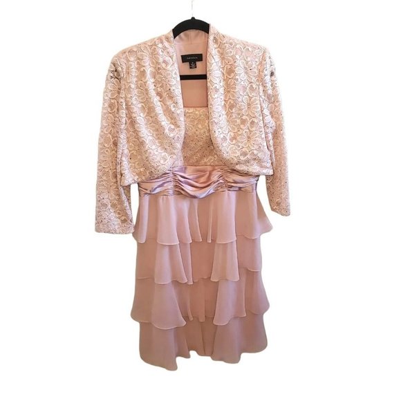 R & M Richards Sz 14 Pink Mother Of Bride Formal Tiered Dress Set Lace Jacket - Picture 2 of 11